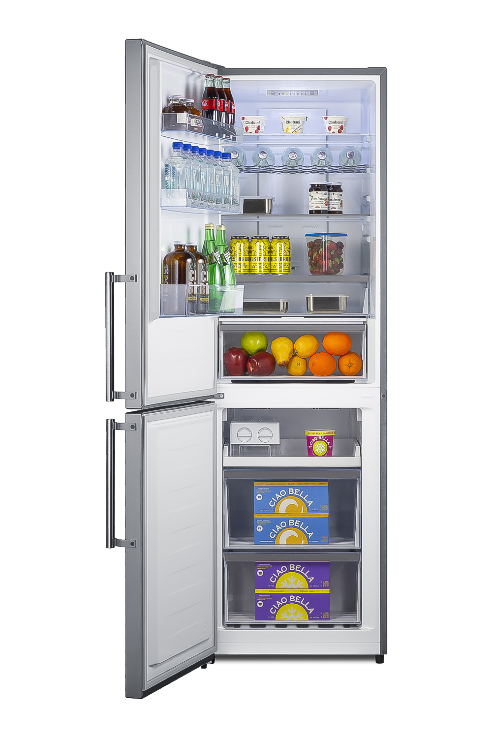 ENERGY STAR certified bottom freezer refrigerator in a stainless steel look with digital controls and a counter depth fit
